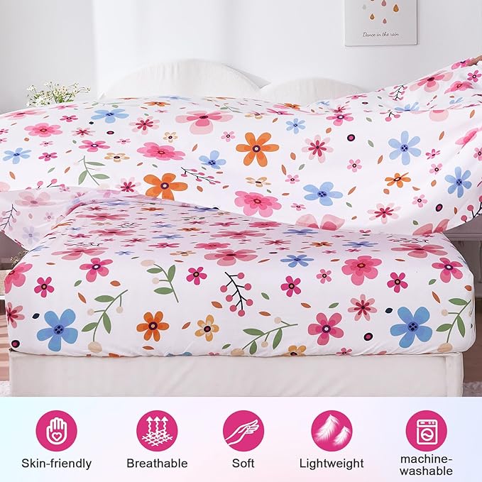 Full Size Bed Sheets Set White Colorful Floral Bed Sheets Girls Cute Microfiber Cooling Sheets 4pcs Kids Full Bed Set Wrinkle Free, 15 inch Deep Pocket Fitted Sheet, Flat Sheet, Pillowcases