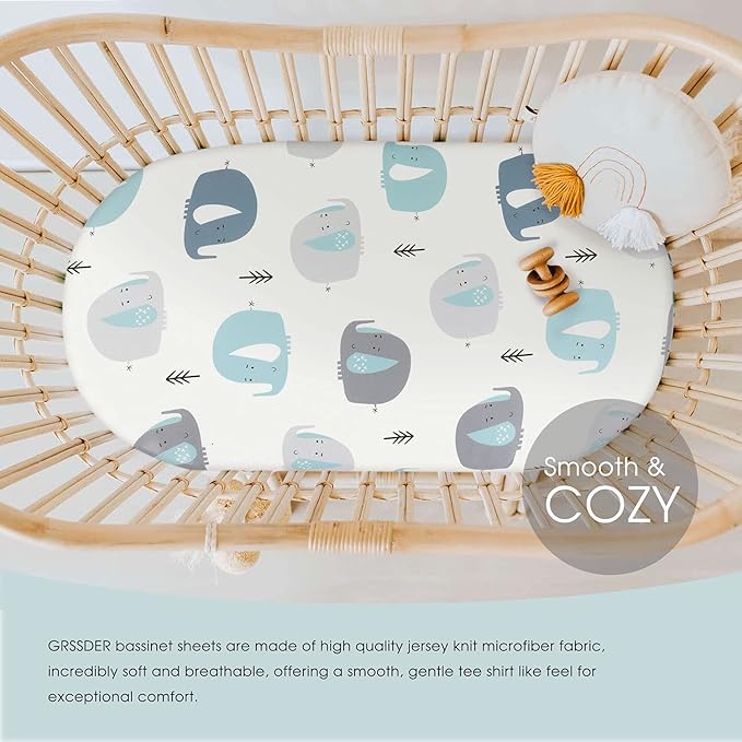Stretchy Ultra Soft Fitted Bassinet Sheets 2 Pack, Universal Fitted Sheets for Rectangle, Oval, or Hourglass Bassinet Mattresses or Changing Pads, Cute Elephant Baby Sheets for Boy and Girl