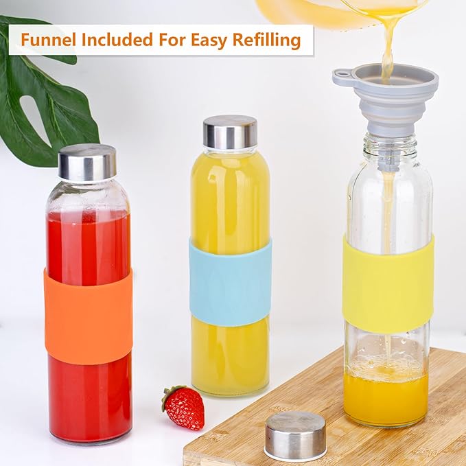 Clear Glass Water Bottles with Silicone Sleeve and Lids 18 oz, Reusable Glass Juice Bottles with Stainless Steel Airtight Cap for Juicing, Leak Proof Drinking Bottles, BPA Free, Set of 6