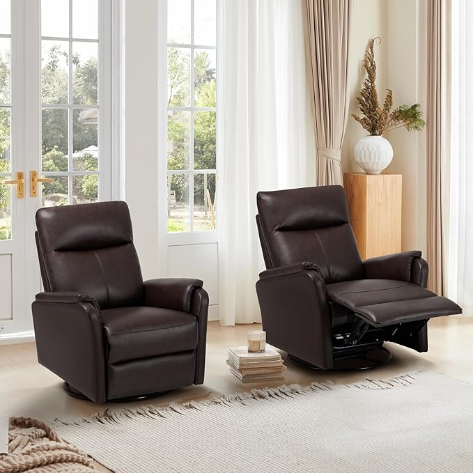 Swivel Rocking Recliner Glider Chair, Leather Reclining Rocker Chair with Footrest for Living Room, Nursery, Office, Bedroom, Ergonomic High Backrest, Wide Seat Cushion and Metal Base-Chocolate