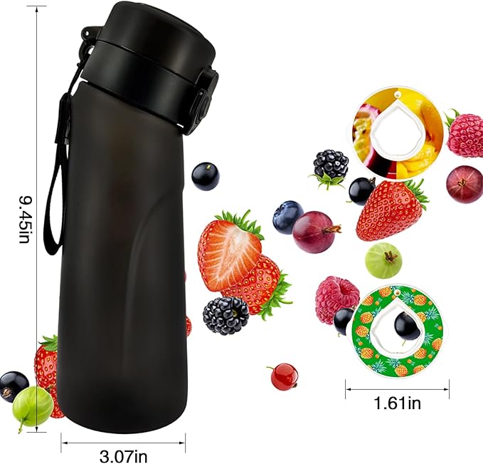 Air Water Bottle with Flavor Pods, 750ML Scent Water Cup with Flavor Pods Box,0% Sugar Fragrance Water Bottle Suitable for Outdoor Sports (Black+2pods)