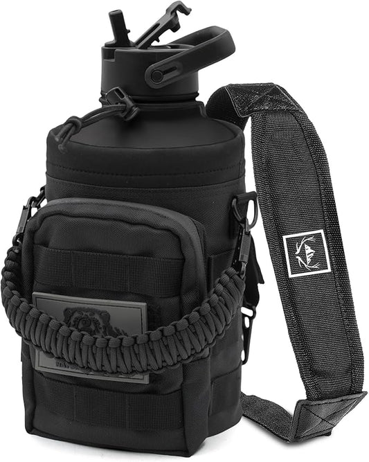 NATURE PIONEOR Tactical Water Bottle with Carrying Molle Sleeve, Stainless Steel 18/8 Food Grade Half Gallon Jug