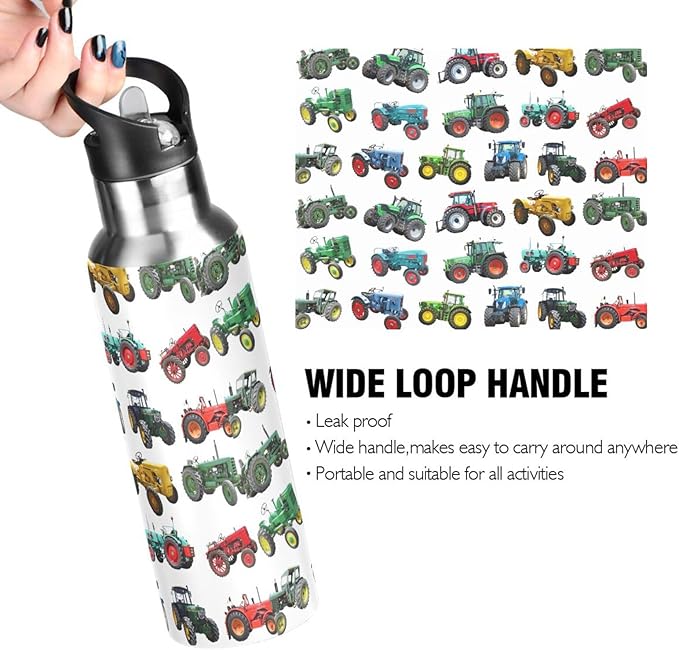 Tractor Stainless Steel Water Bottle with Straw Lid - 20 Oz Sports Insulated Water Bottle Thermos for Sport Gym Outdoor Travel School