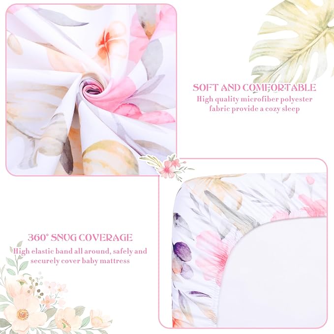 JISEN Fitted Crib Sheets 1 Piece Soft Breathable Baby Crib Sheets for Standard Crib and Toddler Mattress Baby Bed Sheets for Crib for Baby Boys Girls Neutral 28x52 Inch Flowers