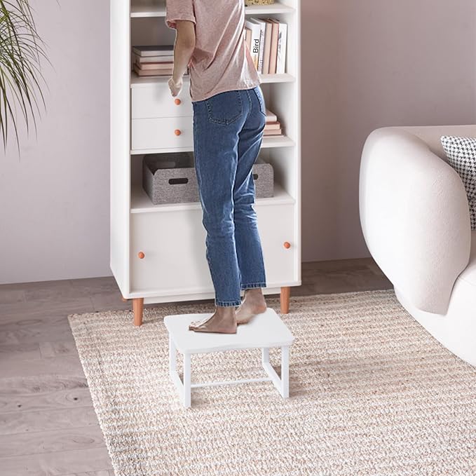 Wooden Step Stool with 500 Pounds, Wide Bed Step Stool for Adults,Wood White Step Stool&Stable Solid Metal Frame for Kitchen, Bedroom, Living Room, Bathroom