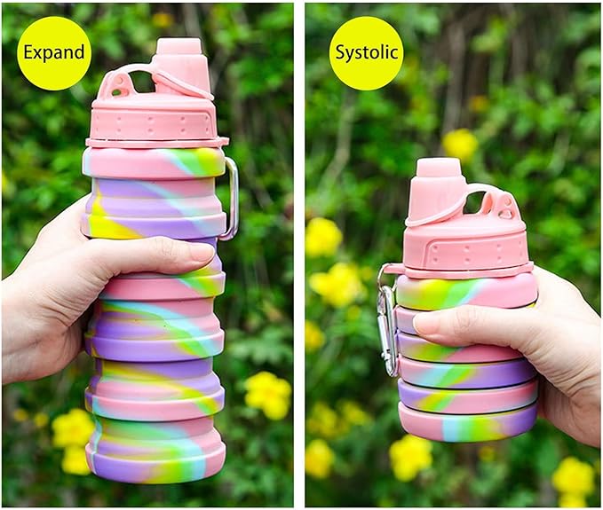 Collapsible Water Bottles Two Pack Travel Sports Portable Sport Water Bottle comes with mountaineering Buckle 500ml silicone Water-proof camping water bottle (Purple and Grey Color)