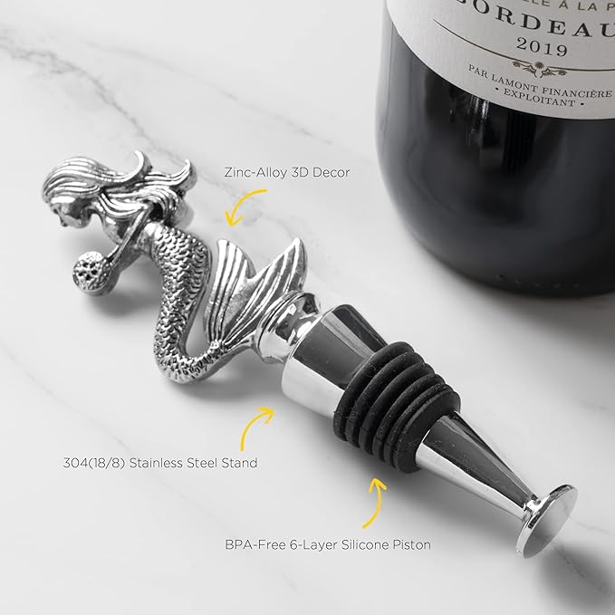 Homestia Wine Bottle Stoppers for Glass Bottles, Mermaid Bottle Stopper Reusable Wine Corks Wine Tool, Zinc-Alloy Silicone Wine Stoppers, Wine Toppers with Decors