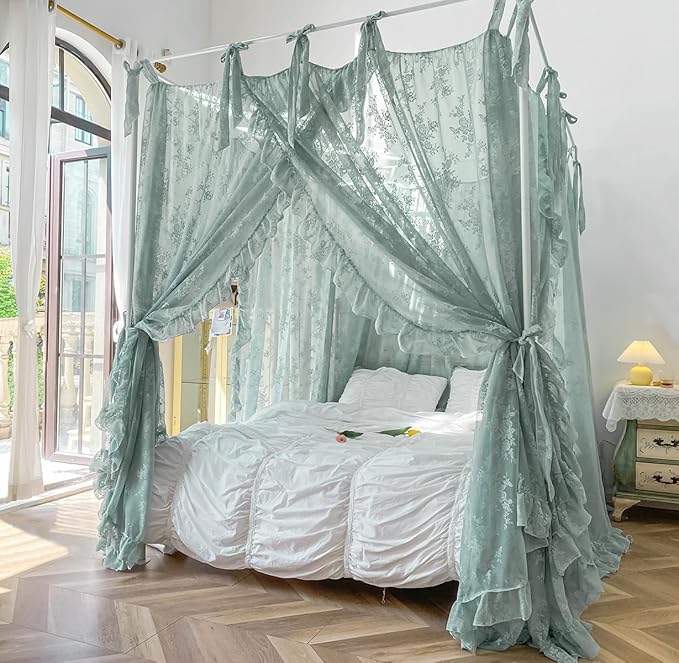 Mengersi Canopy Bed Curtains with Tie Backs,Bed Canopy Curtains Bed Drapes Sheer Lace Curtains for Bedroom Decor(Queen,Sage Green
