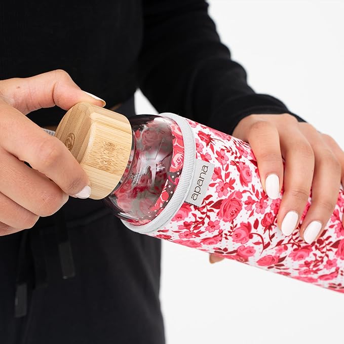 Apana Yoga Glass Water Bottles BPA Free Non Slip Sleeve Leak Proof Lid Reusable 19 Oz and 32 Oz Sports Water Bottle Wide Mouth Lid Portable Hydration Tumbler