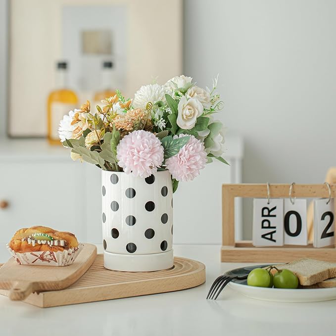 Small Utensil Holder for Kitchen Counter 4.1 x 6 Inches Ceramic Cooking Utensil Crocks Countertop Organizer Vintage Farmhouse Kitchen Decor Caddy,Dots