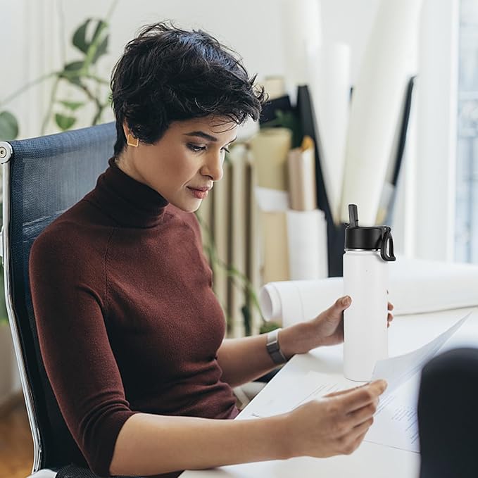 Volhoply 24oz Insulated Water Bottle With Straw Bulk 6 Pack,Metal Wide Mouth Water Bottles With Handle Lid Keep Cold,Reusable Double Wall Thermos,Powder Coated Sport Bottle For Holder(White,6 Count)