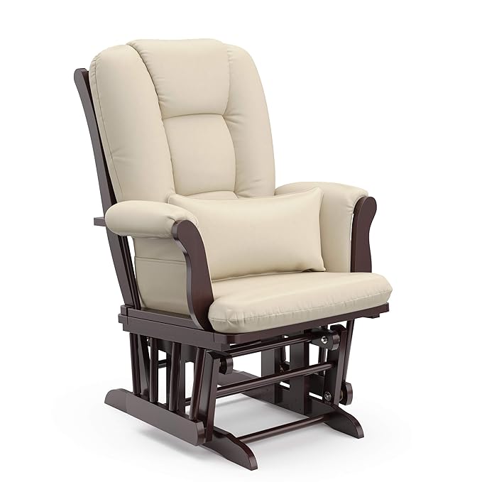 Storkcraft Tuscany Custom Glider and Ottoman with Free Lumbar Pillow (Espresso/Beige) - Cleanable Upholstered Comfort Rocking Nursery Chair with Ottoman