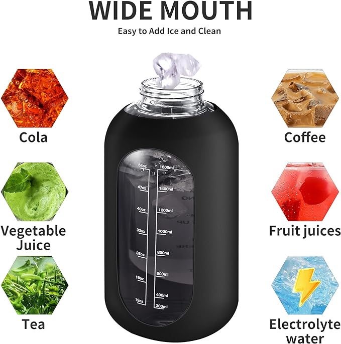 CIVAGO 32 oz Glass Water Bottle with Straw and Handle, Large Sports Motivational Water Bottle Flask with Time Marker and 2 Lids, Leakproof Water Jug Canteen with Silicone Sleeve for Gym White