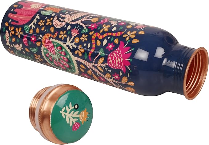 Pure Copper Water Bottle - Handcrafted - Ayurveda Health Benefits -Floral Animals Printed 35 OZ - Leak proof - Easy to carry For Sports, Fitness, Yoga, School - Vintage Enamel.