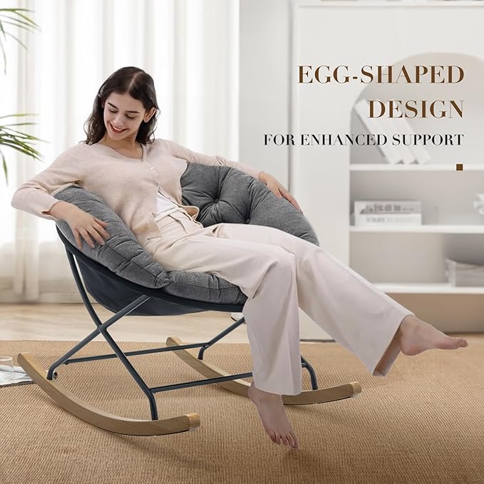COLAMY Rocking Chair Nursery, Upholstered Glider Rocker Accent Chair Saucer Armchair with Comfy Cushions, Wood Base and Metal Legs for Living Room, Bedroom, Office, Grey