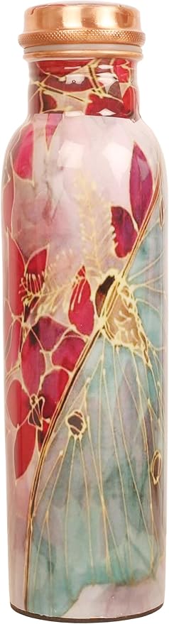 Pure Copper Water Bottle - Handcrafted - Ayurveda Health Benefits - Large 35 oz - Leak proof - Easy to carry for Sports, Fitness, Yoga, School - Textured Red Floral Patterns