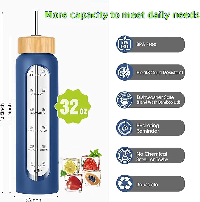 32 oz Glass Water Bottles with Straw - Motivational Glass Water Bottle with Time Marker & Silicone Sleeve(black)