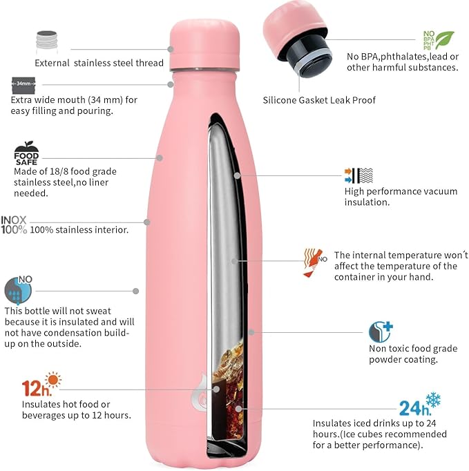 BJPKPK 17oz Stainless Steel Water Bottles Dishwasher Safe Sports Insulated Water Bottle for Travel-Light Pink