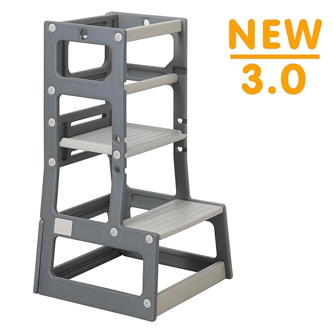 SDADI Mother's Helper Adjustable Height Plastic Kitchen Step Stool for Children, Kids Toddlers Counter Level Learning Stool for Kitchen & Bathroom,Dark Grey and Light Grey