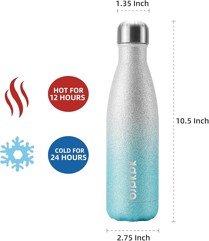 BJPKPK Insulated Water Bottles -17oz/500ml -Stainless Steel Water Bottles,Sports Water Bottles Keep Cold for 24 Hours and Hot for 12 Hours,BPA Free Water Bottle,Glitter Silver Blue