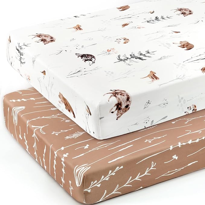GRSSDER Stretch Ultra Soft Jersey Knit Fitted Crib Sheets Set 2 Pack,Fit All Standard Crib Mattress Pads Safe and Snug, Stylish Pattren of Jungle Animals