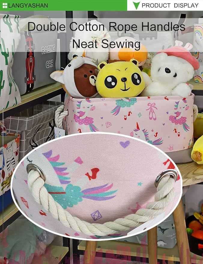 LANGYASHAN Rectangular Storage Bin Collapse Canvas Fabric Cartoon Storage Basket with Handles for Organizing Home Kitchen Boys and Girls Toys Office Closet Shelf Baskets(Rec Pink Dancing Unicorn)