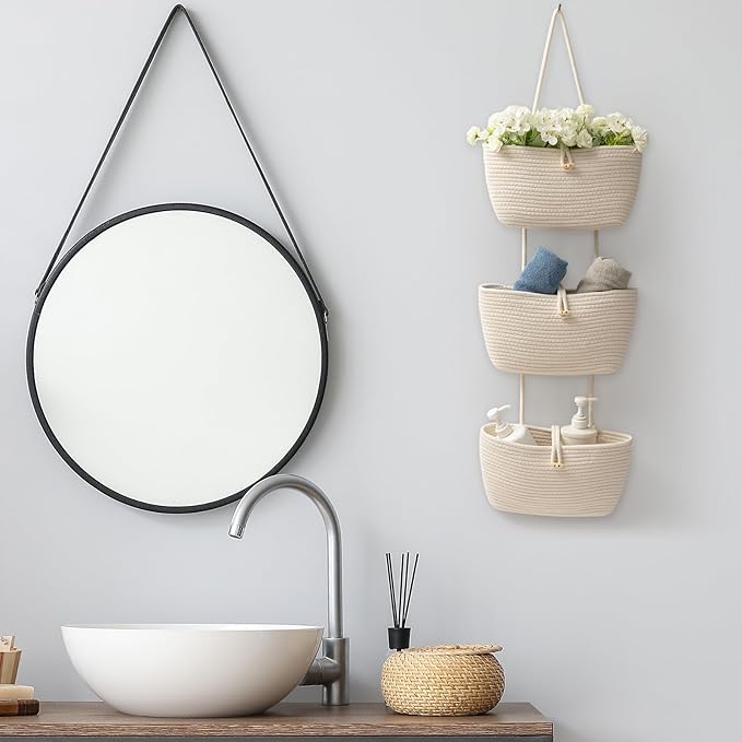 TeoKJ Over the Door Hanging Baskets with Button Strap, 3-Tier Woven Cotton Storage Organizer Bag, Wall-Mounted with Hook Decorative Hanging Kitchen Baskets - White