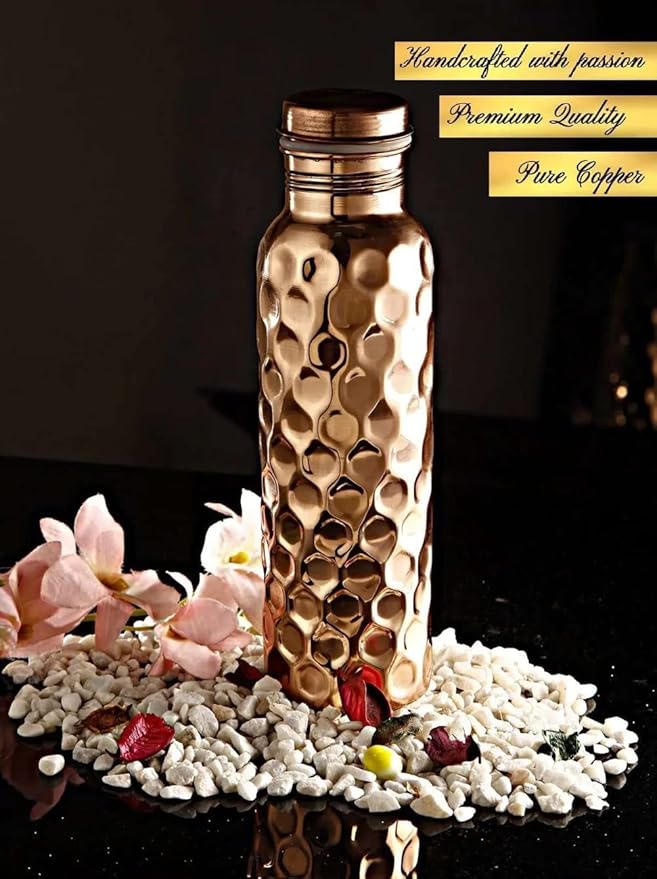 Copper Water Drinking Bottle Ayurvedic Health Benefits Diamond Pattern Water Bottle (1 Bottle and 1 Glass)