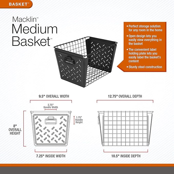 Tovolo Macklin, Stamped Steel & Wire Basket for Closet & Cubby Storage Vintage-Inspired Design with Customizable Label Plate, Medium, Bronze