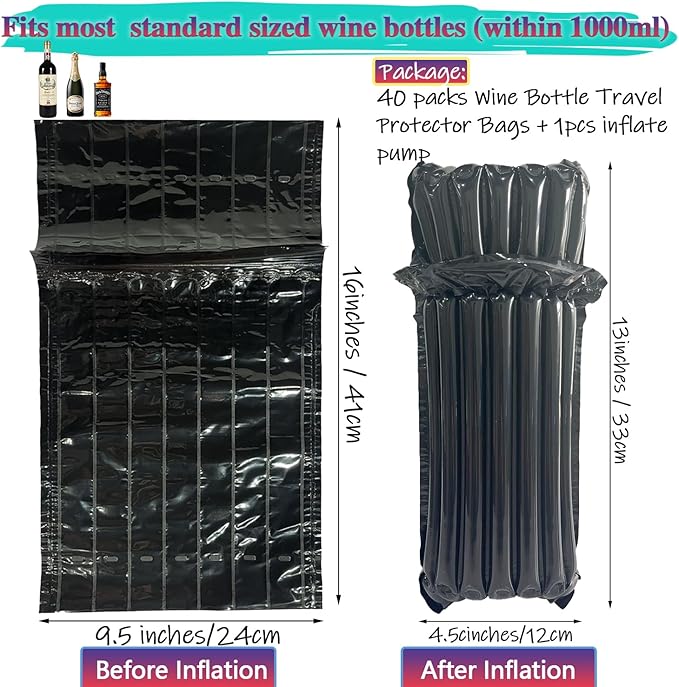 Wine Travel Protector Black Inflatable Wine Shipping Sleeves 40 Packs Reusable Bottle Protector for Luggage with Inflator Pump
