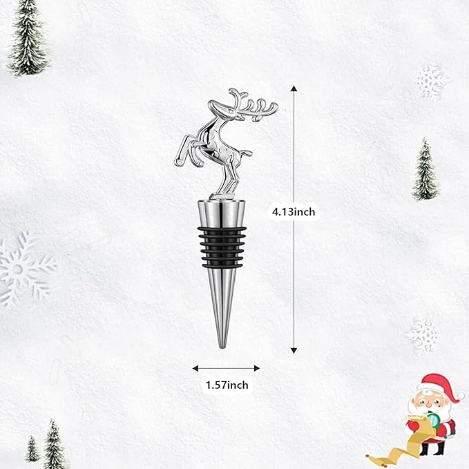 Christmas Wine Bottle Stoppers 5-Packs - Wine Saver Zinc Alloy Silicone, Reusable Leak Proof Keep Fresh Wine Corks, for Gifts, Bar, Holiday, Party, Wedding, Camping for Standard Bottle (Deer)