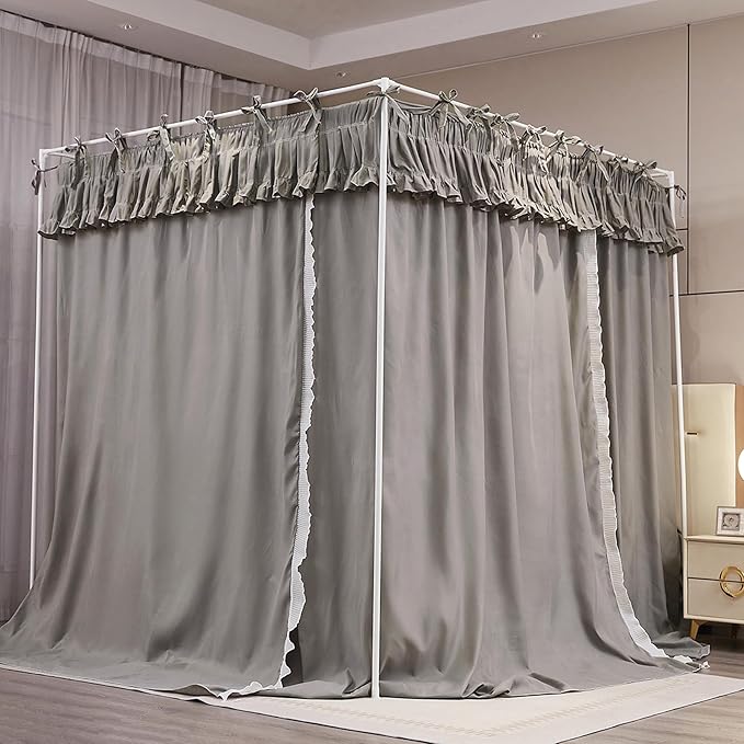 4 Corners Post Princess Ruffle Curtain Bed Canopy Lace Up Elastic Cozy Breathable Tent Mosquito Net for Girls Bedroom Decoration(Grey, 59-64" W*82" L*82" H/Queen)