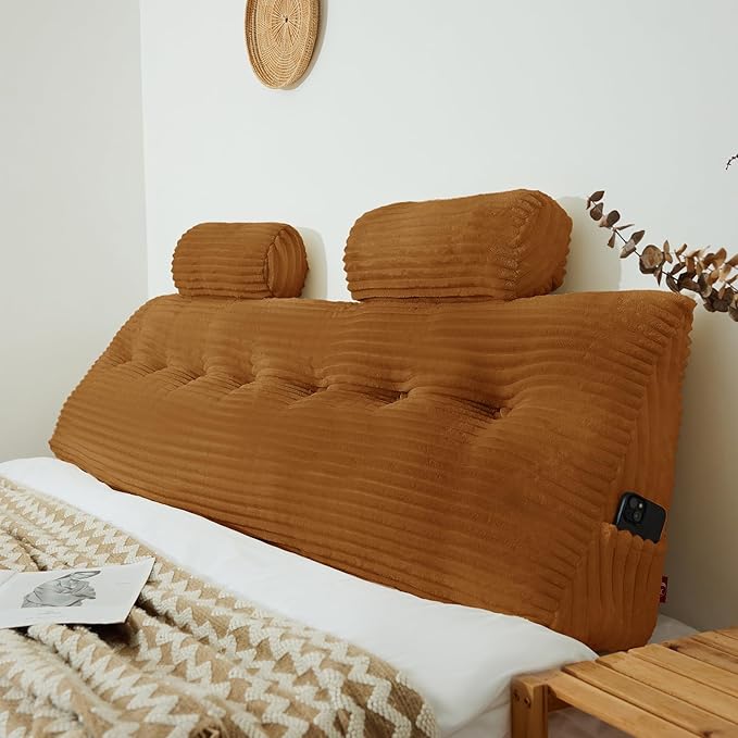 Headboard Wedge Pillow with 2 Pack Neck Roll Pillow Large Headboard Pillow Soft and Supportive Bed Rest Reading Pillows for Sitting in Bed with Removable Cover (Brown, King:76x8x20 Inches)