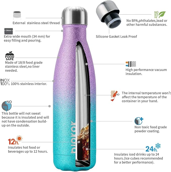 BJPKPK Insulated Water Bottles -17oz/500ml -Stainless Steel Water Bottles,Sports Water Bottles Keep Cold for 24 Hours and Hot for 12 Hours,BPA Free Water Bottle,Glitter Purple Green
