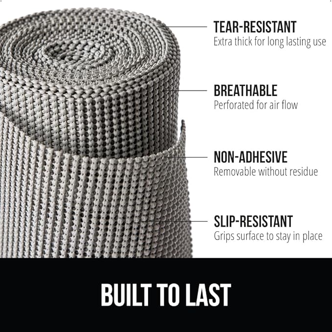 Gorilla Grip powerGRIP Drawer Shelf and Cabinet Liner, Thick Strong Hold, Non-Adhesive Liners Protect Kitchen Cabinets and Cupboard, Bathroom Drawers, Easy Install, Breathable Mat, 12" x10', Gray