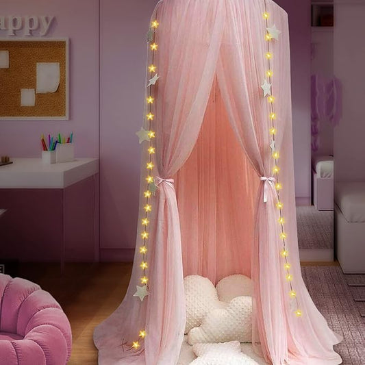 Bed Canopy Mosquito Net with Star Lights,Princess Play Canopy for Girls Room - Dome Net Curtains for Baby Game Dream Castle, Girls Room Decor, Pink
