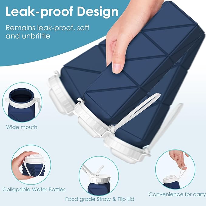 Collapsible Water Bottles 20.7oz Leakproof with Straw Lid Food-Grade BPA-Free Silicone Travel Foldable Water Bottles for Sports Office Gym Hiking Driving 610ML (Type2 Navy Blue)