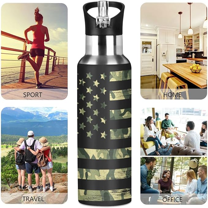 senya 34 Oz Water Bottle with Straw Usa Flag Camouflage Vintage Stainless Steel Water Bottle for Traveling Sports Leakproof Insulated Water Bottle