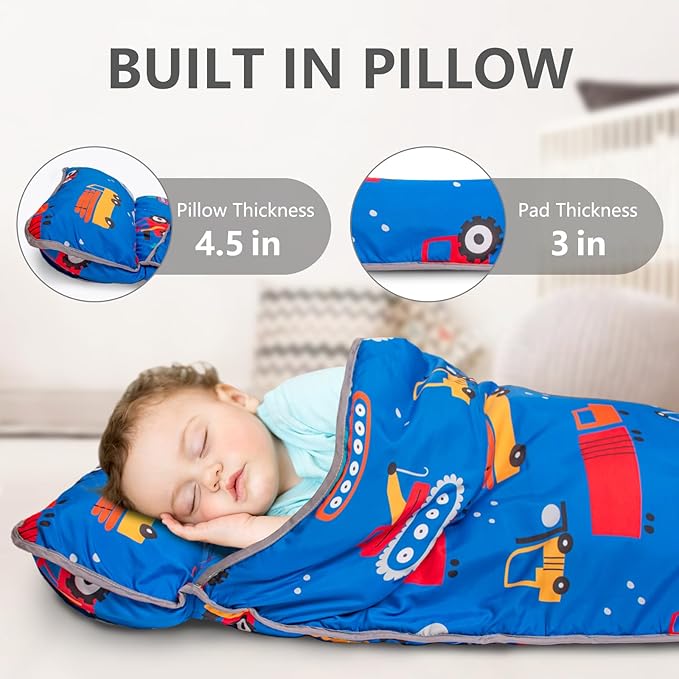 Nap Mat- Toddler Nap Mat with Pillow & Fleece Blanket- 55''*23''*2'' Nap Mat for Toddlers- Nap Mats for Preschool, Daycare(Rubber Band Style Blue Excavator)