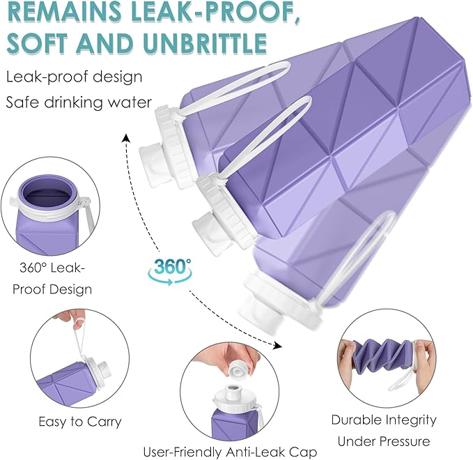 Collapsible Water Bottles,BPA-Free Leak-Proof Silicone Foldable Water Bottle Cup 20.6oz,Durable Lightweight Bottle for Gym Travel Camping Hiking Running (Light Purple)