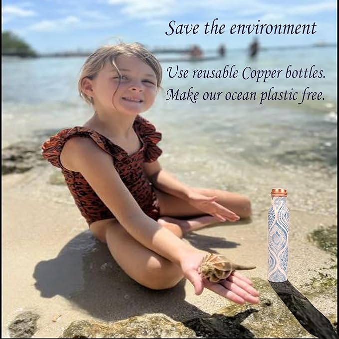 Pure Copper Water Bottle - Handcrafted - Ayurveda health benefits - Large 35 oz - Leak proof - Easy to carry for Sports, Fitness, Yoga, School - Sky Blue Artistic Patterns Enamel