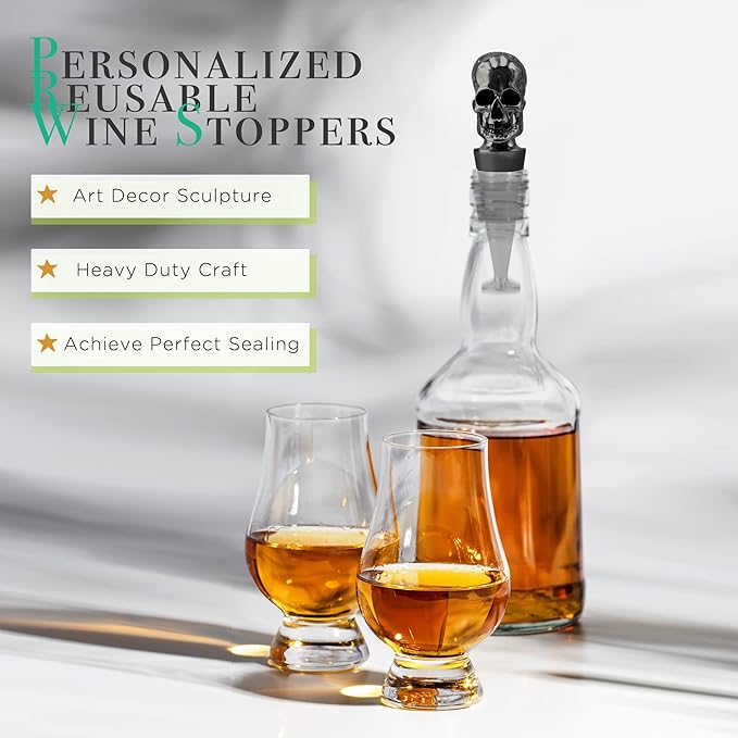 Homestia Wine Bottle Stoppers for Glass Bottles, Skull Bottle Stopper Reusable Wine Corks Black Wine Tool, Zinc-Alloy Silicone Wine Stoppers, Wine Toppers with Decors