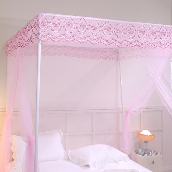 Bed Canopy, Princess Bed Curtain Net for Girls & Adults,Three-Doors Rectangle Lace Dome Netting (Baby Pink, Queen)