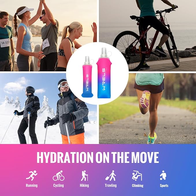 Collapsible TPU Soft Flask,Reusable Handheld Soft Water Bottle for Hydration Pack,BPA Free Gradient Folding Water Flask for Running Cycling Climbing (Rose Red&Dark Blue-250ml*2)