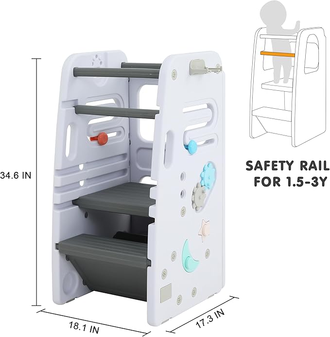 SDADI Multifunctional Toddler Tower with Double Safety Rails - Adjustable & Non-Slip for Kitchen and Bathroom Use - Montessori Step Stool for Kids, White and Dark Gray