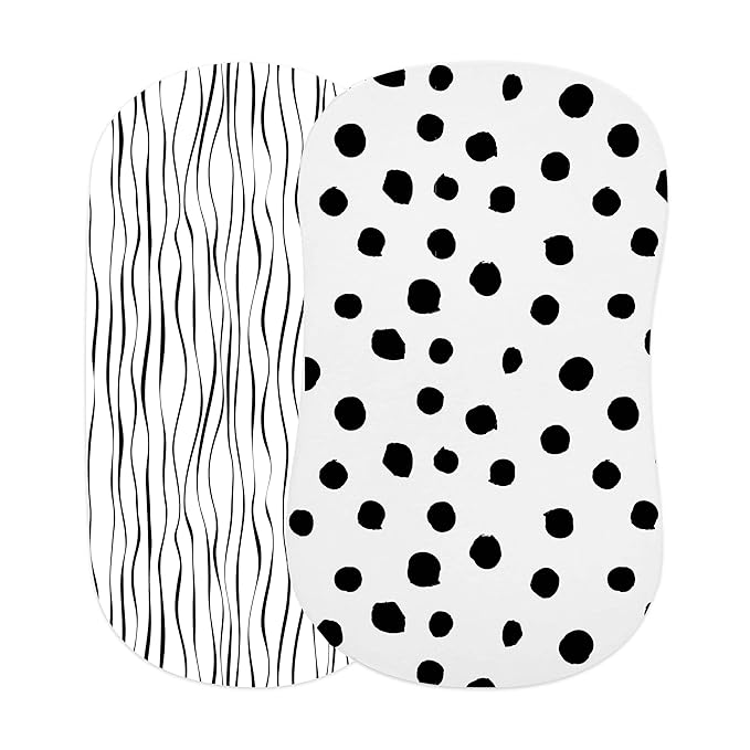 Bassinet Sheet Set 2 Pack 100% Jersey Cotton Black and White Abstract Stripes and Dots by Ely's & Co