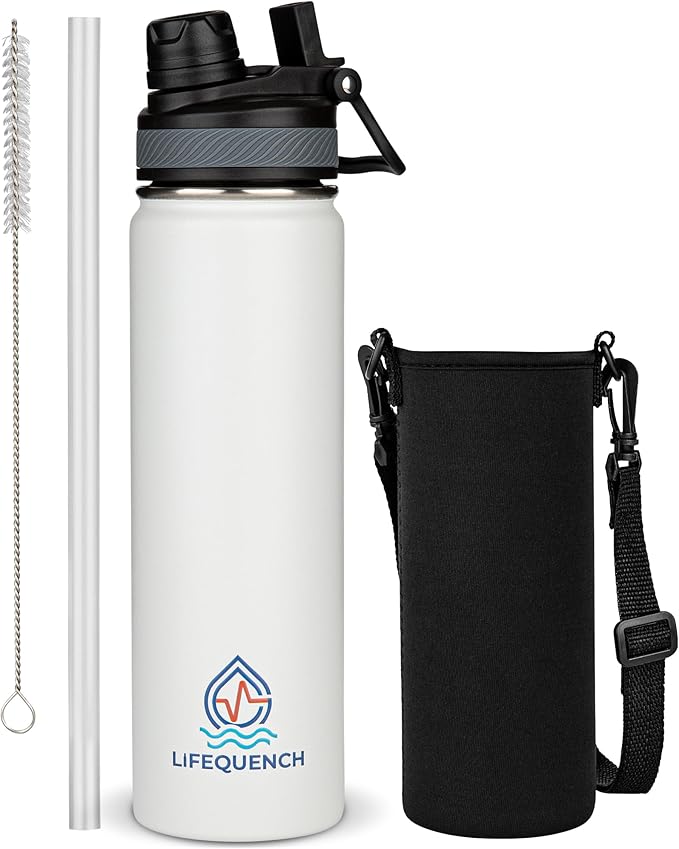 Insulated Water Bottle with Straw and Handle 22 oz-Stainless Steel Water Bottles with Straw, Dual Cap Function & Sleeve, Keeps Drinks Hot Up to 12 Hours & Cold Up to 24 Hours (White)