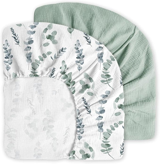 Muslin Crib Sheets, 2pk Neutral Fitted Baby Toddler Bed Sheets for Standard Crib Mattress & Toddler Bed Mattress, 28 x 52 inches, Green Leaves