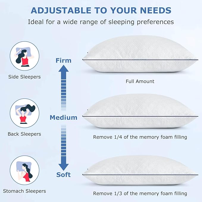 Cooling Bed Pillows Queen Size Set of 2 for Sleeping, Adjustable Shredded Memory Foam Pillows for Side Back Stomach Sleepers - Luxury Gel Pillows Hotel Pillows with Washable Removable Cover