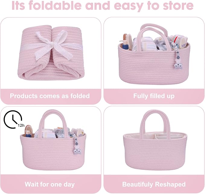 Baby Diaper Caddy Organizer for Girl Boy Rope Nursery Storage Bin Basket Portable Holder Tote Bag for Changing Table Car Travel Baby Shower Gifts Newborn Essentials Registry Must Have Items Pink